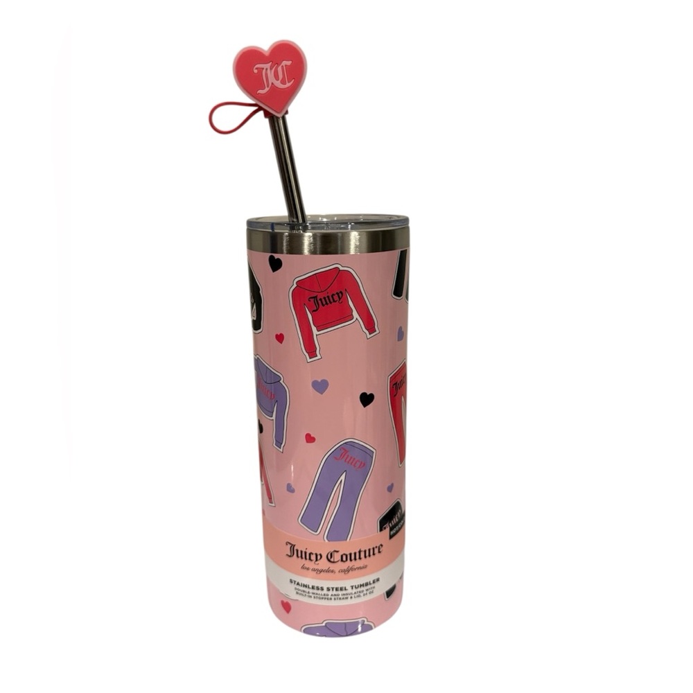 Juicy Couture Stainless steel Pink Tumbler with Straw and straw topper NWT RARE